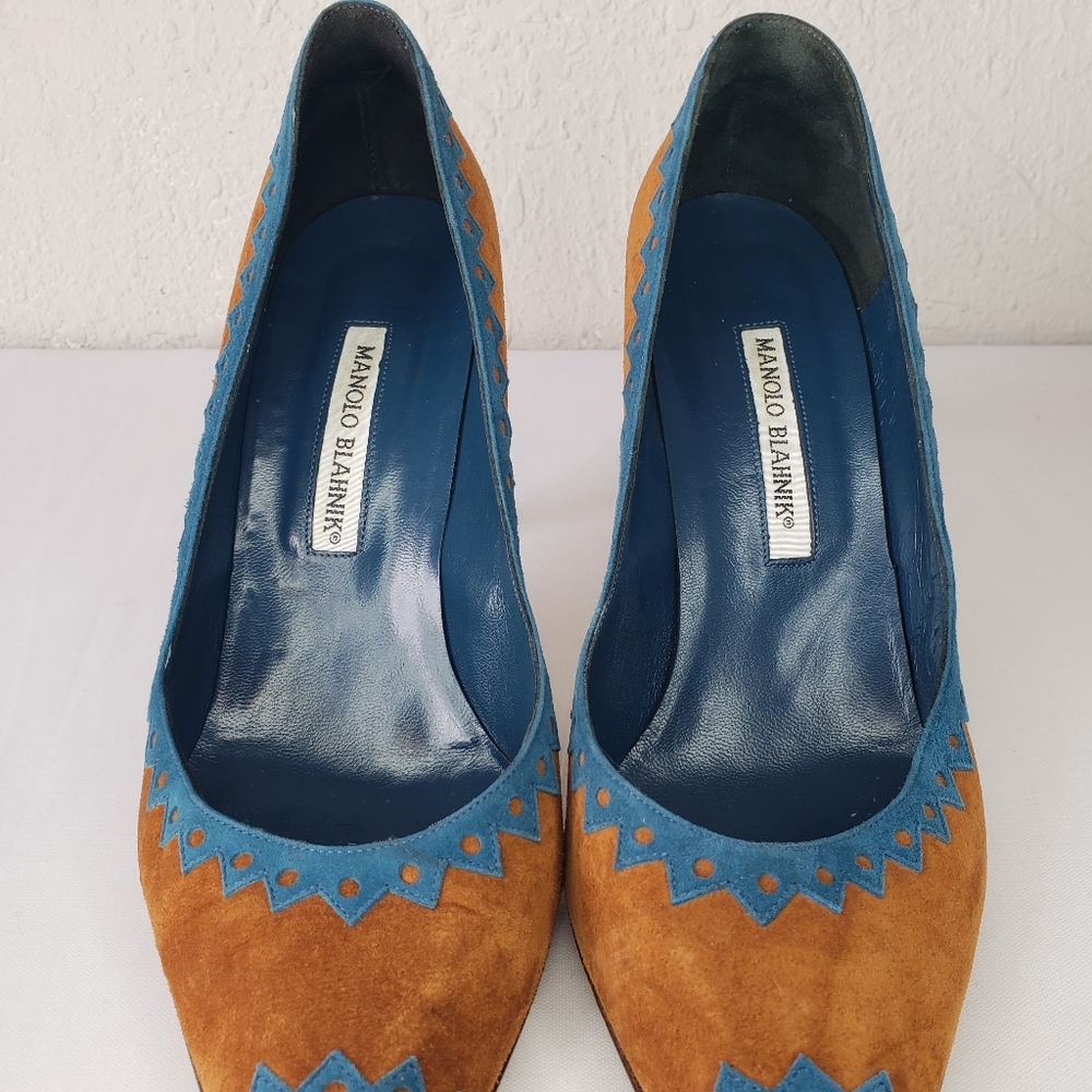 Manolo Blahnik Teal Tan Heels Pointy Toe - Picture 3 of 12